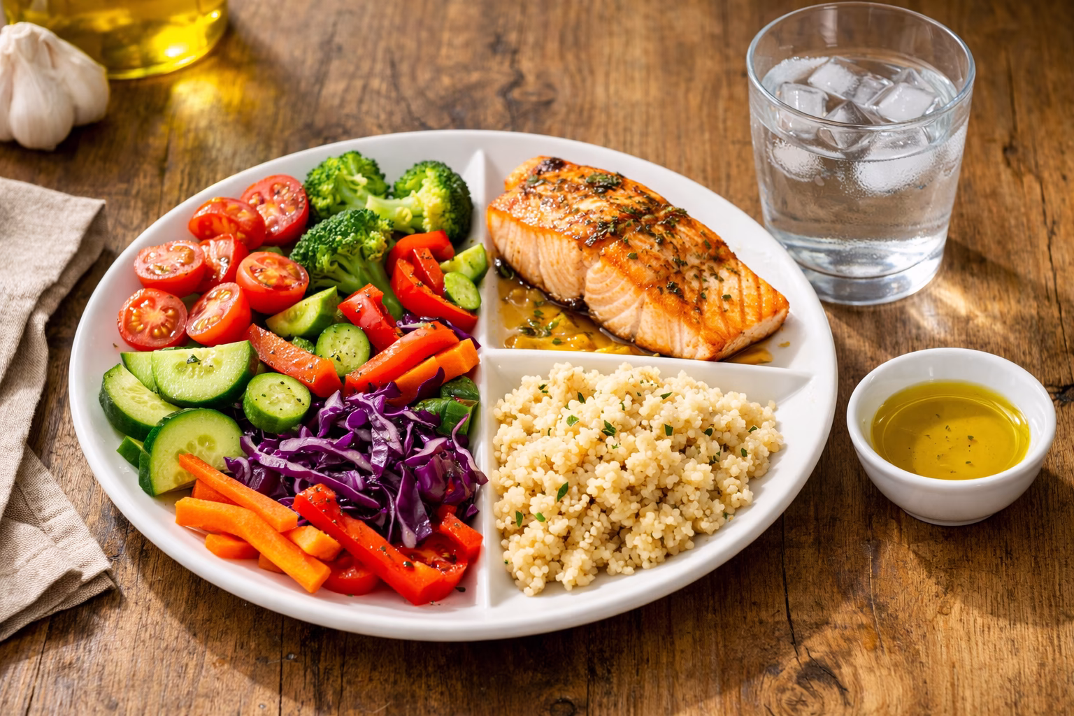 Talerz z warzywami, białkiem i dodatkiem skrobiowym