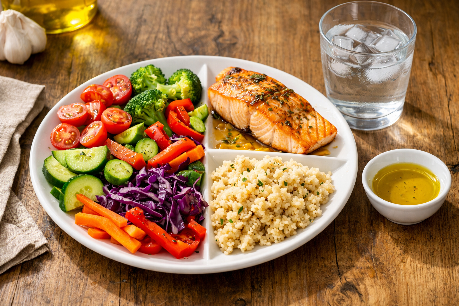 Talerz z warzywami, białkiem i dodatkiem skrobiowym