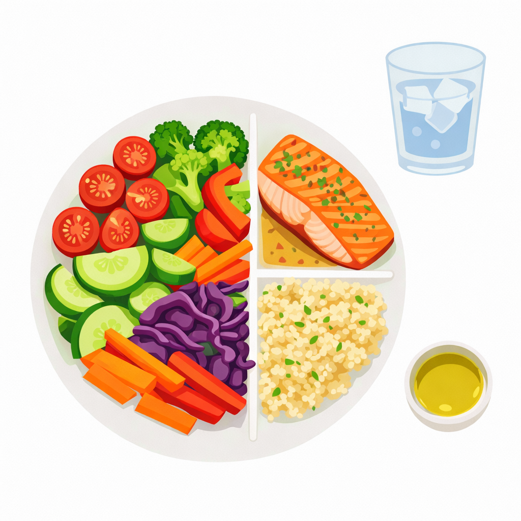 Minimalistyczna ilustracja talerza z góry: połowa warzyw, ćwiartka białka, ćwiartka węglowodanów; obok mały okrąg na tłuszcz i ikona szklanki wody.