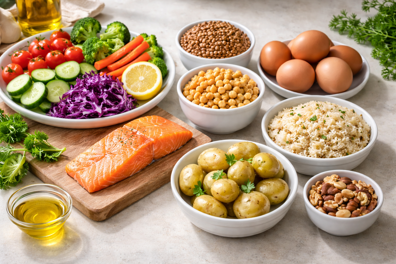 Realistyczne zdjęcie kuchennego blatu z przygotowanymi składnikami ułożonymi w trzech grupach: warzywa, źródła białka (jajka, strączki, ryba) oraz dodatki skrobiowe (kasza, ryż, ziemniaki); obok małe miseczki z oliwą i orzechami.