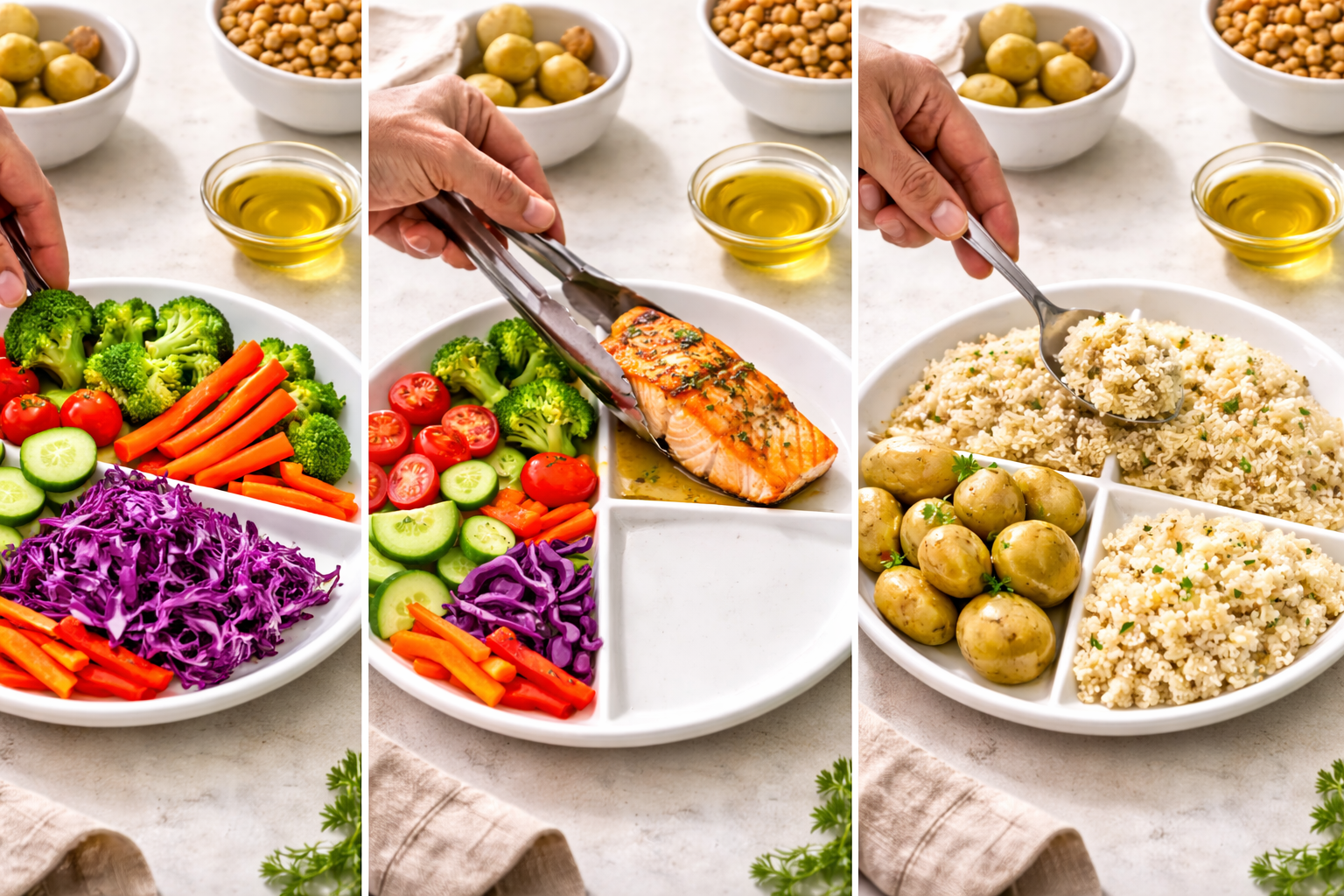 Realistyczne zdjęcie talerza w trakcie nakładania jedzenia: najpierw warzywa, następnie porcja białka, na końcu dodatek skrobiowy; w tle widoczna miseczka z oliwą.