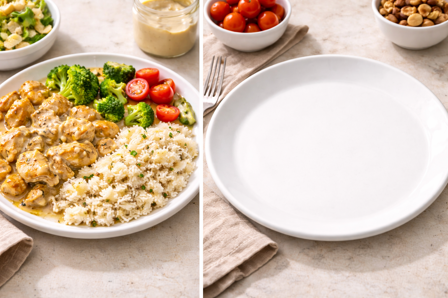 Realistyczne zdjęcie dwóch talerzy na blacie: po lewej ‘chaotyczny’ posiłek z dużą porcją ryżu/makaronu i ciężkim sosem oraz niewielką ilością warzyw; po prawej pusty talerz przeznaczony na warzywa jako kontrast, bez napisów.