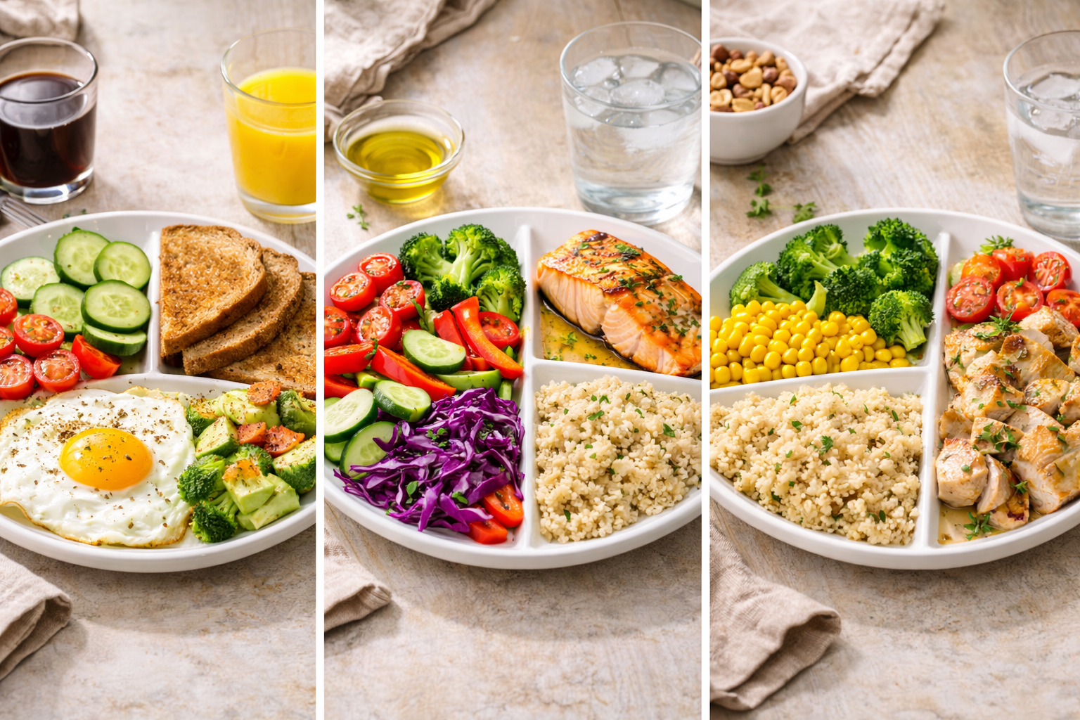 Estetyczne, realistyczne zdjęcie jasnego stołu z trzema przykładami posiłków ułożonych metodą talerza (śniadanie, obiad, kolacja) na podobnych naczyniach; naturalne światło i spójny, minimalistyczny styl, bez napisów.