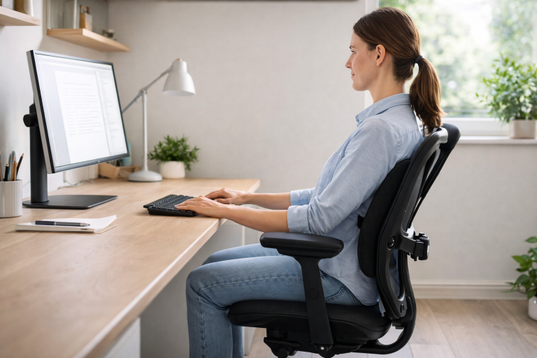 tanowisko pracy z poprawnym ustawieniem monitora i krzesła