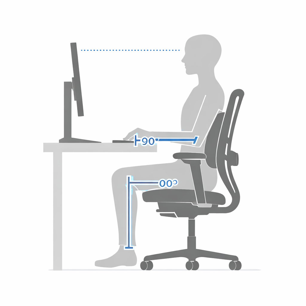 Realistyczne zdjęcie nowoczesnego stanowiska pracy z boku: osoba siedzi neutralnie z podparciem lędźwiowym, stopy na podłodze, monitor na wysokości oczu, klawiatura blisko ciała; miękkie światło dzienne w domowym biurze.