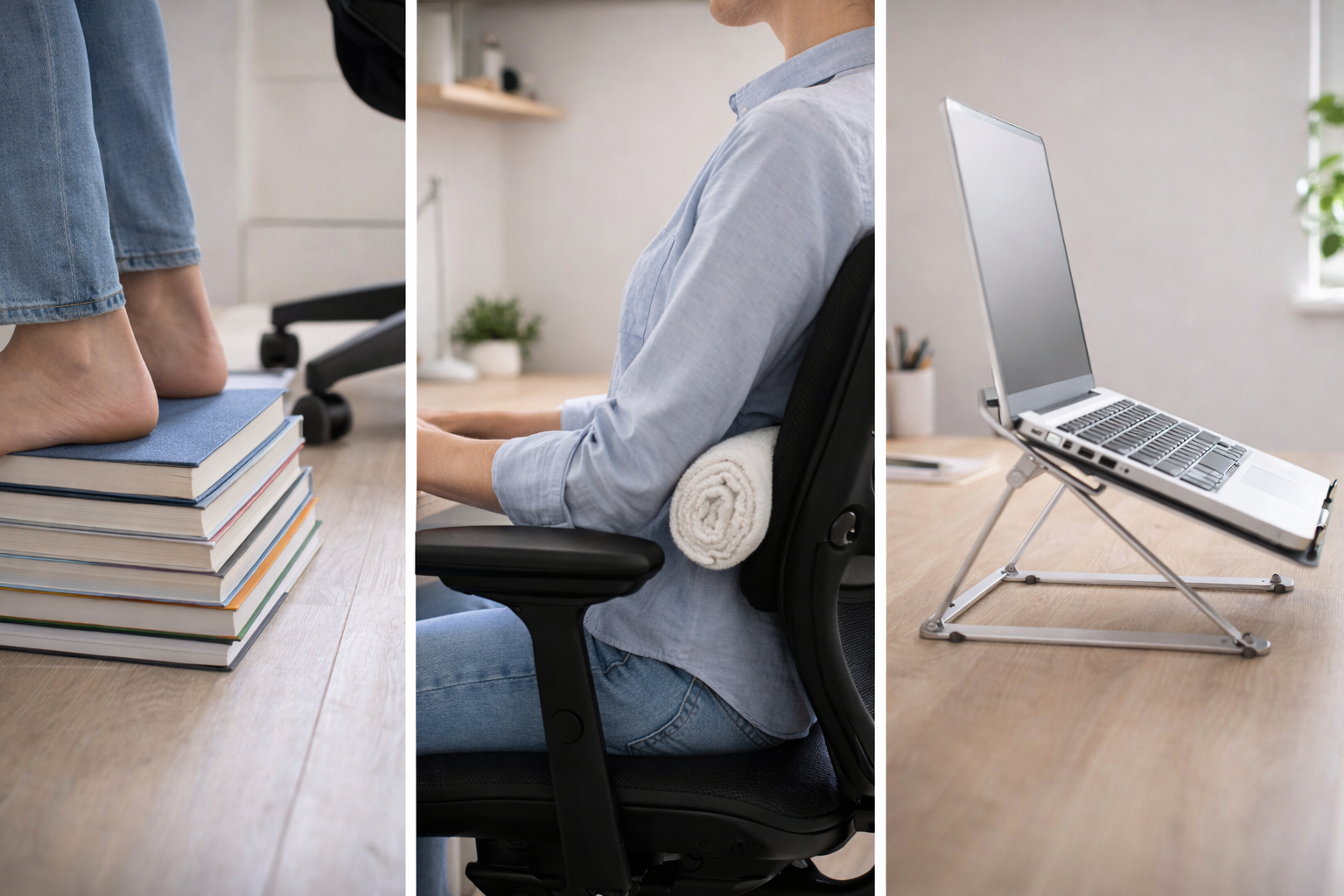 Realistyczne zdjęcie trzech prostych rozwiązań ergonomicznych: podnóżek z ułożonych książek, zwinięty ręcznik jako podparcie lędźwi oraz laptop ustawiony na podstawce na biurku; bez napisów.