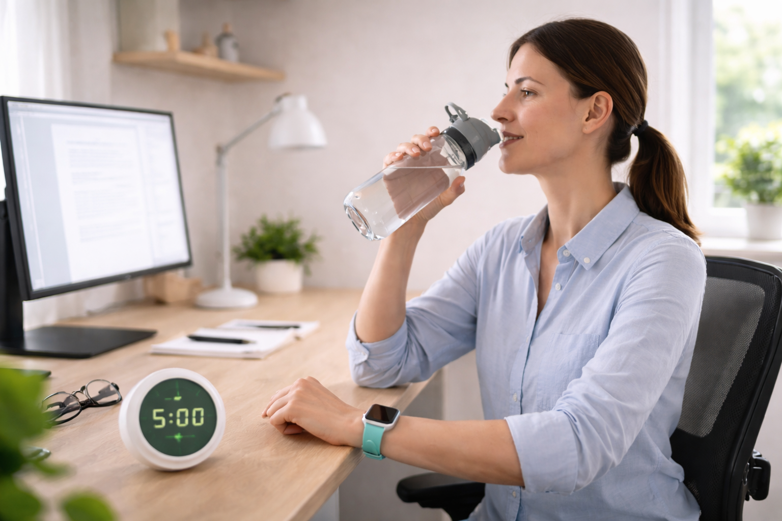 Realistyczne, banerowe zdjęcie osoby przy biurku z butelką wody oraz zegarkiem lub timerem odmierzającym czas przerwy; estetyka lifestyle, jasne światło, bez tekstu.