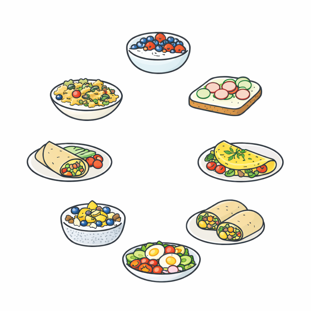 Realistyczne zdjęcie kuchennego stołu z siedmioma różnymi śniadaniami w małych talerzach i miskach: omlet, kanapka z twarożkiem, skyr z owocami, tofu scramble, wrap z jajkiem, sałatka śniadaniowa i pudding chia; jasne poranne światło, domowa estetyka, bez tekstu.