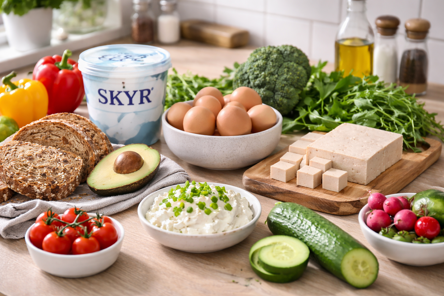 Realistyczne zdjęcie porannej kuchni: na blacie ułożone składniki jako bazy do śniadań – skyr, jajka, tofu, warzywa i pełnoziarniste pieczywo; jasne, naturalne światło, bez tekstu.