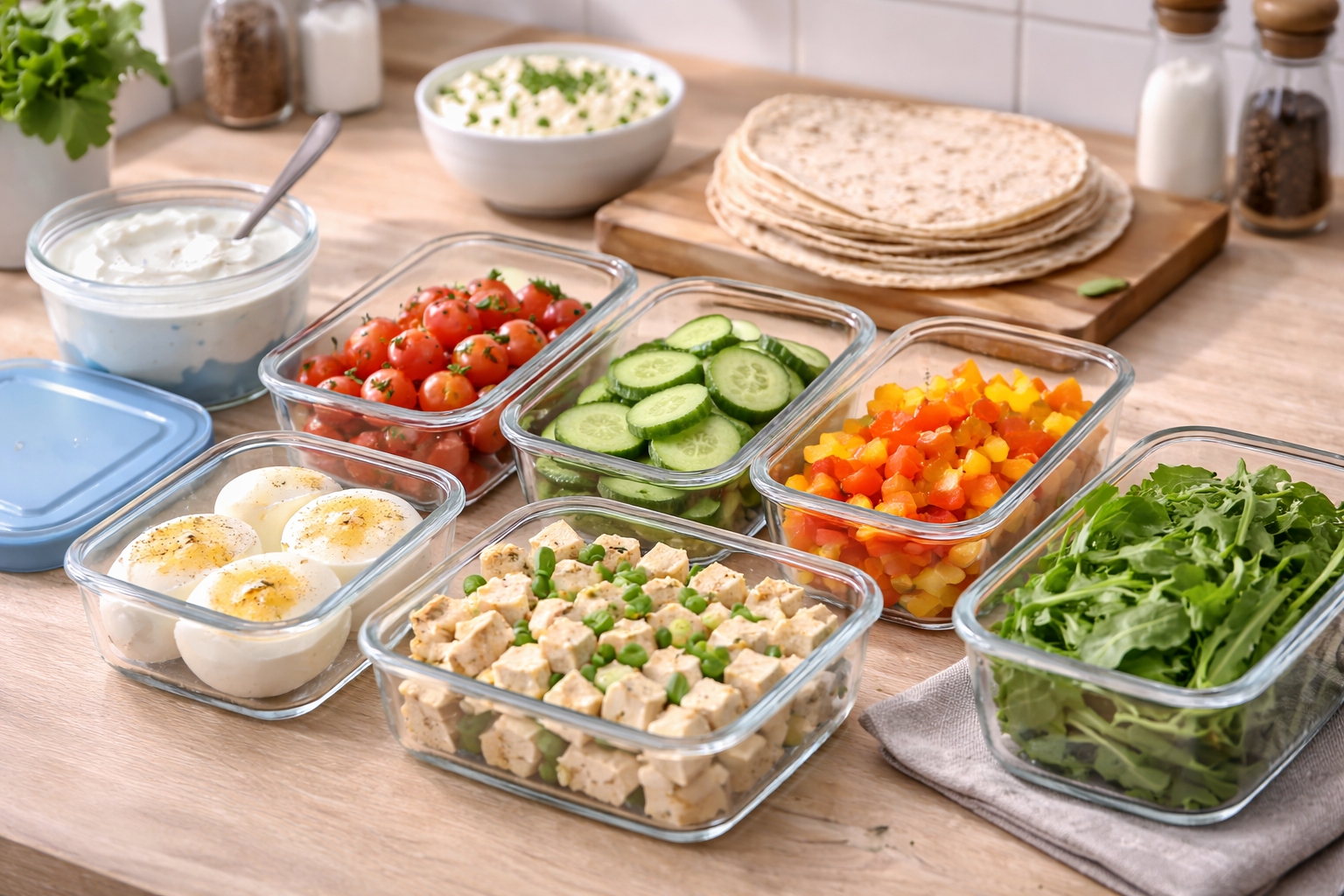Realistyczne zdjęcie schludnego ‘meal prep’ na śniadania: na blacie pojemniki z pokrojonymi warzywami, ugotowane jajka, skyr, tortilla i tofu; jasne światło, bez tekstu.