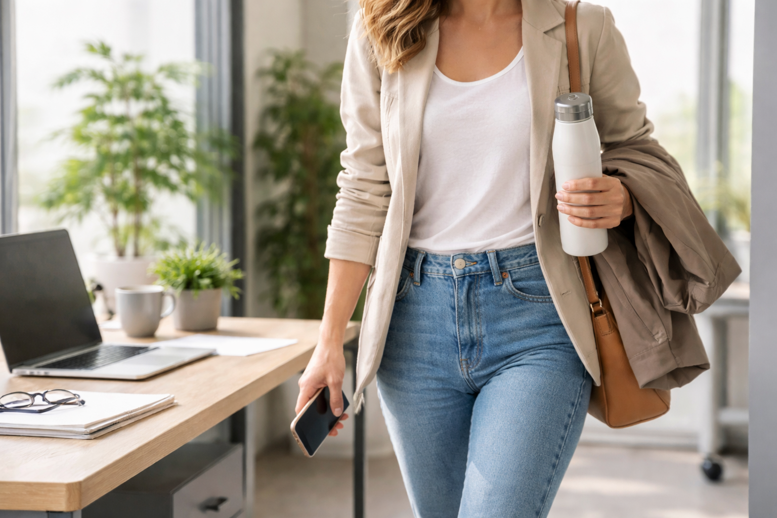 Realistyczne zdjęcie osoby wychodzącej z biura lub od biurka, z kurtką w ręku; ujęcie w pół kroku, bez zbliżenia twarzy, klimat krótkiej przerwy, bez tekstu.