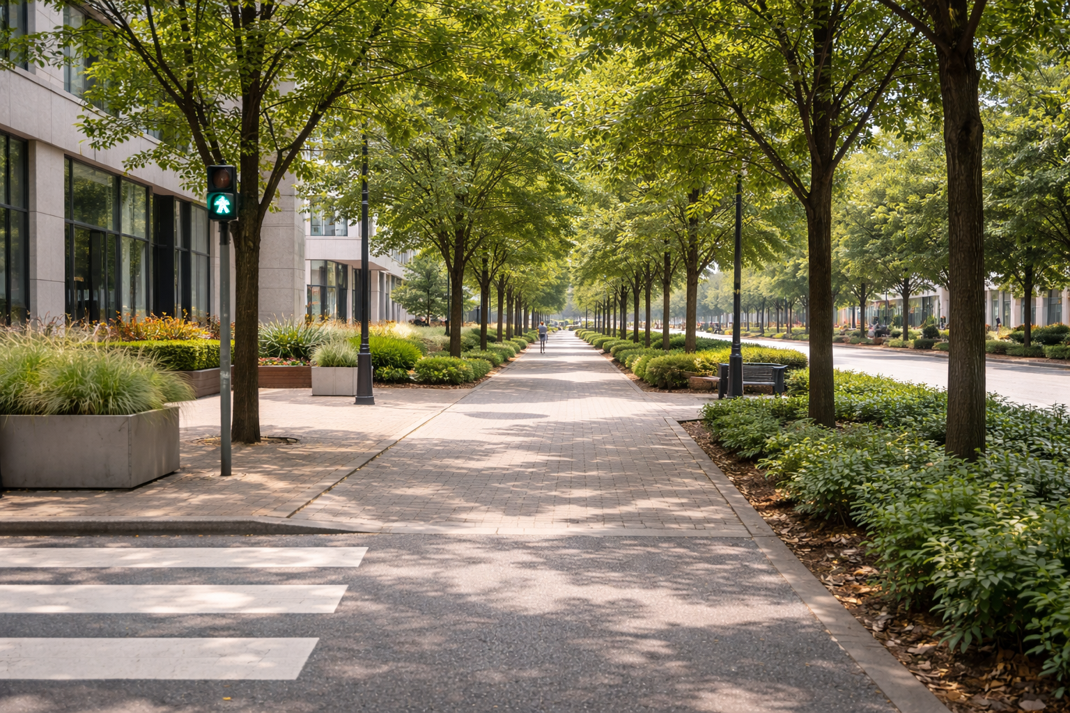 Realistyczne zdjęcie prostej trasy spacerowej w okolicy biura lub osiedla: chodnik wśród drzew, przejście dla pieszych i zabudowa w tle; jasny dzień, klimat ‘da się wyjść na 10 min’, bez tekstu.