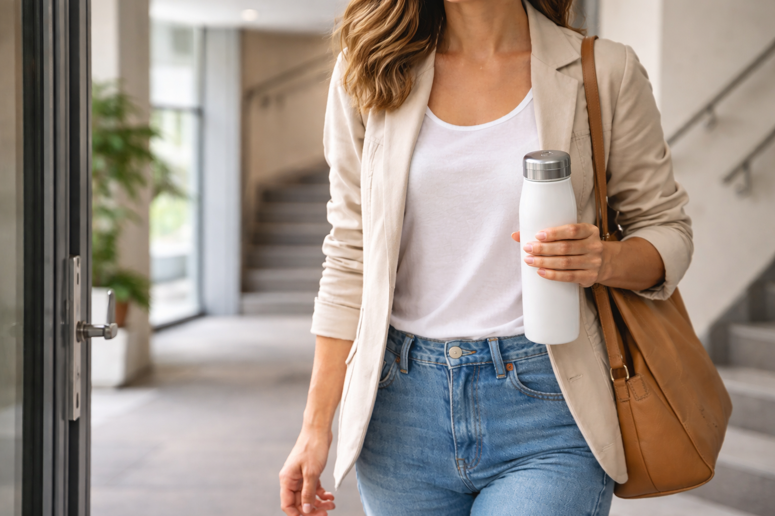 Realistyczne, banerowe zdjęcie osoby trzymającej kubek lub butelkę z wodą przy wyjściu z biura; w tle drzwi i klatka schodowa, ujęcie w ruchu, klimat ‘czas na przerwę’, bez tekstu.