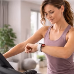 Osoba na bieżni z pulsometrem, spokojne cardio