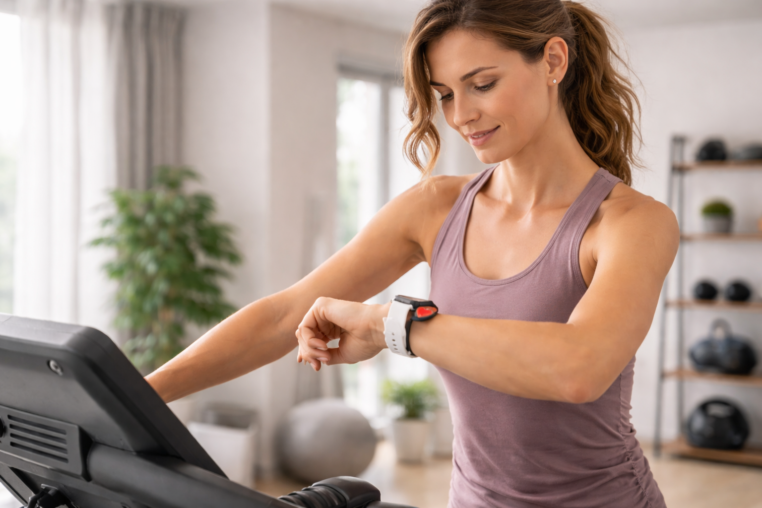 Osoba na bieżni z pulsometrem, spokojne cardio