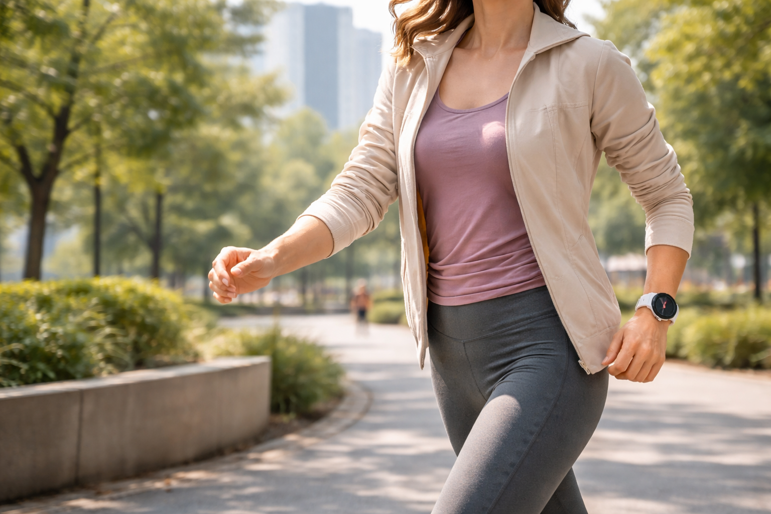 Realistyczne zdjęcie osoby wykonującej spokojne cardio na bieżni lub rowerku; na nadgarstku zegarek sportowy z widokiem tętna (bez czytelnych liczb), w tle siłownia lub domowy kącik treningowy, naturalne światło, neutralny klimat.