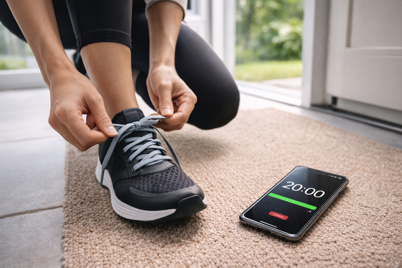 Realistyczne, banerowe zdjęcie osoby zakładającej buty do biegania przy drzwiach; obok leży telefon z ustawionym timerem na 20 minut (bez dodatkowych napisów), naturalne światło i klimat ‘wyjdź na ruch’.