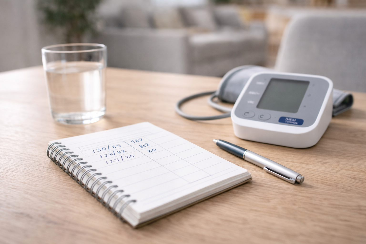 Realistyczne zdjęcie stołu z notesem/dzienniczkiem pomiarów i ciśnieniomierzem; obok długopis i szklanka wody, spokojny domowy klimat i miękkie światło dzienne, bez tekstu.