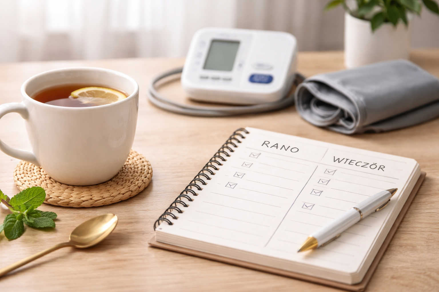 Kubek herbaty na biurku obok otwartego notesu z planem „rano” i „wieczór”; w tle lekko rozmyty ciśnieniomierz i zwinięty mankiet, klimat spokojnej regularności.