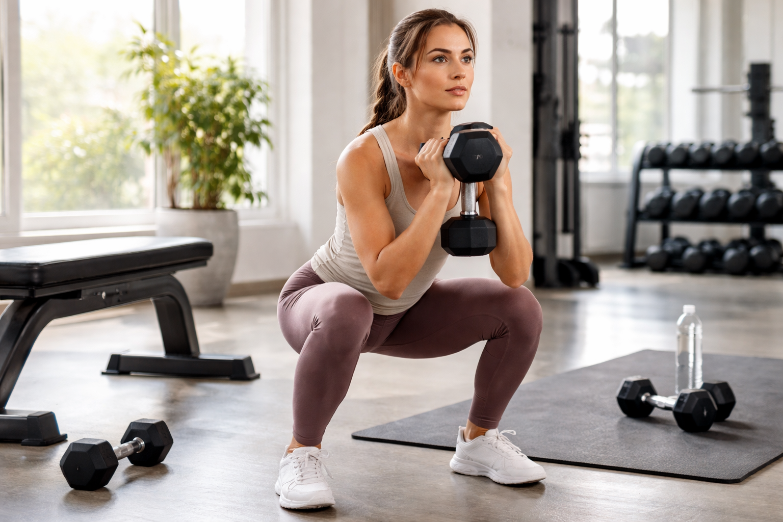 Początkująca osoba trenująca z hantlami na siłowni
