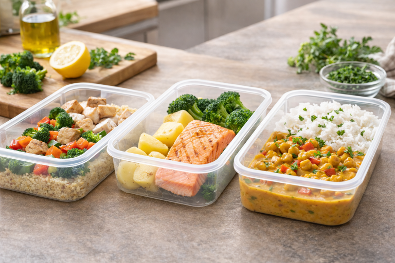 Trzy pudełka z obiadami: mięso, ryba, rośliny