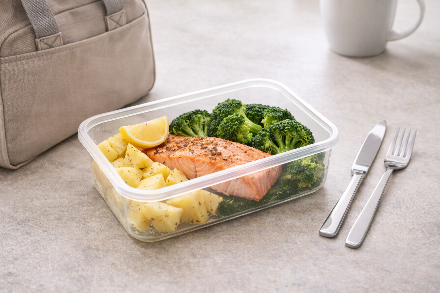 Pojemnik z obiadem obok torby i sztućców