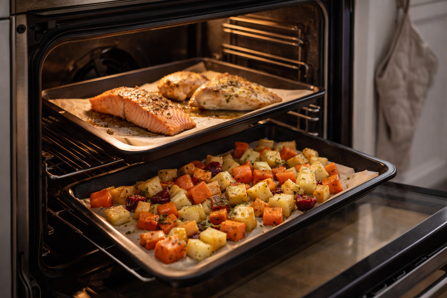 Dwie blachy z warzywami i białkiem w piekarniku