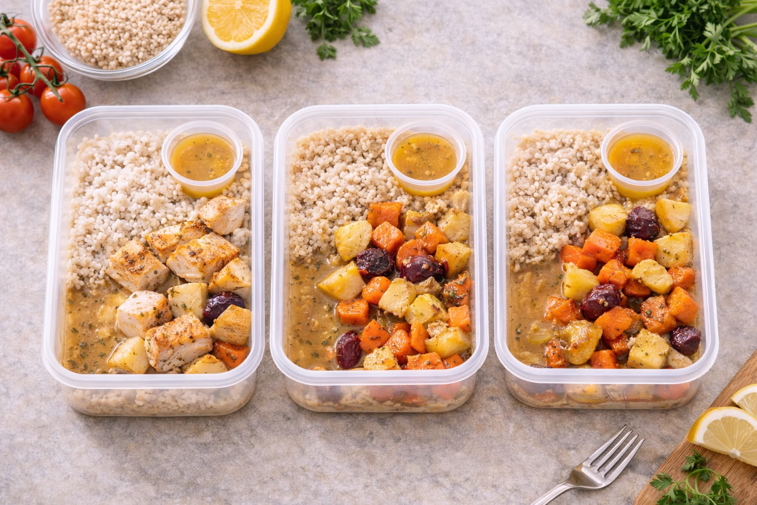 Pojemniki meal prep i składniki na czystym tle