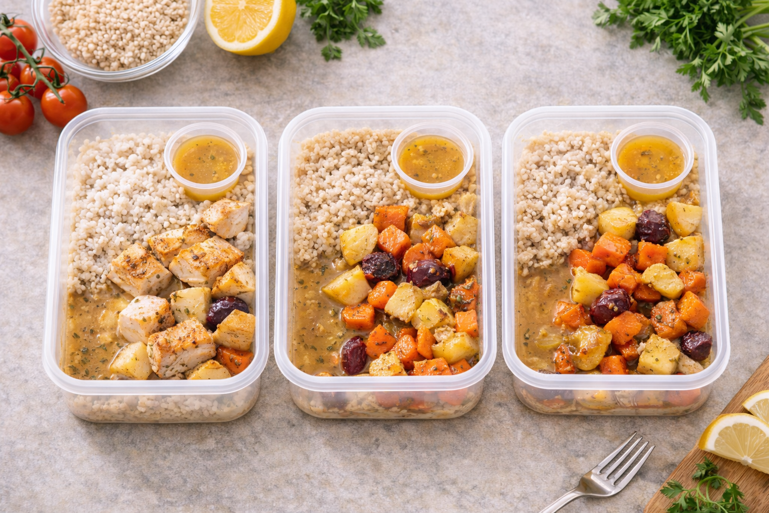 Pojemniki meal prep i składniki na czystym tle