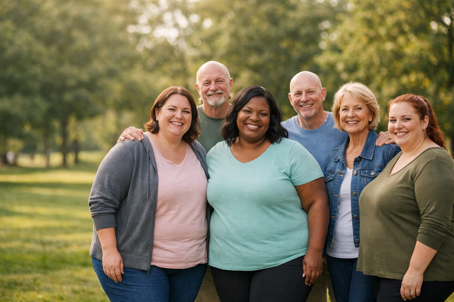 Różnorodna grupa 7 dorosłych osób uśmiechniętych i stojących razem w parku, symbol wsparcia w leczeniu otyłości i powrocie do zdrowia.