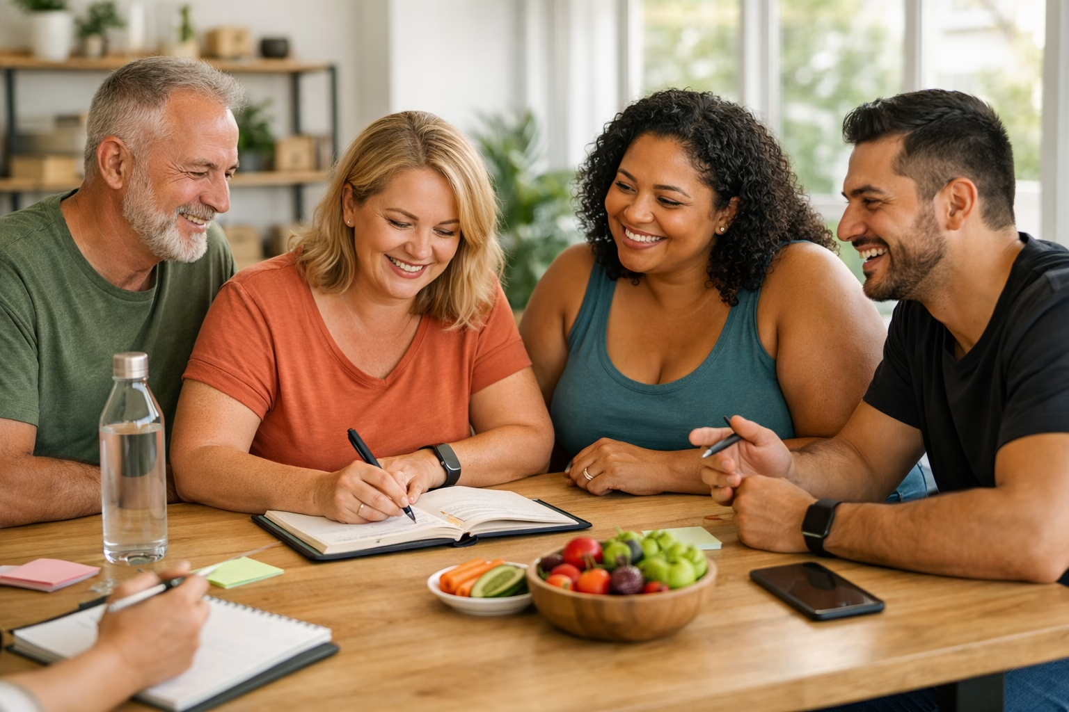 Cztery dorosłe osoby siedzą przy stole w jasnym wnętrzu i wspólnie planują zdrowe nawyki. Uśmiechają się, zapisują notatki, a na stole stoją butelka wody, owoce, notes i telefon bez logo.