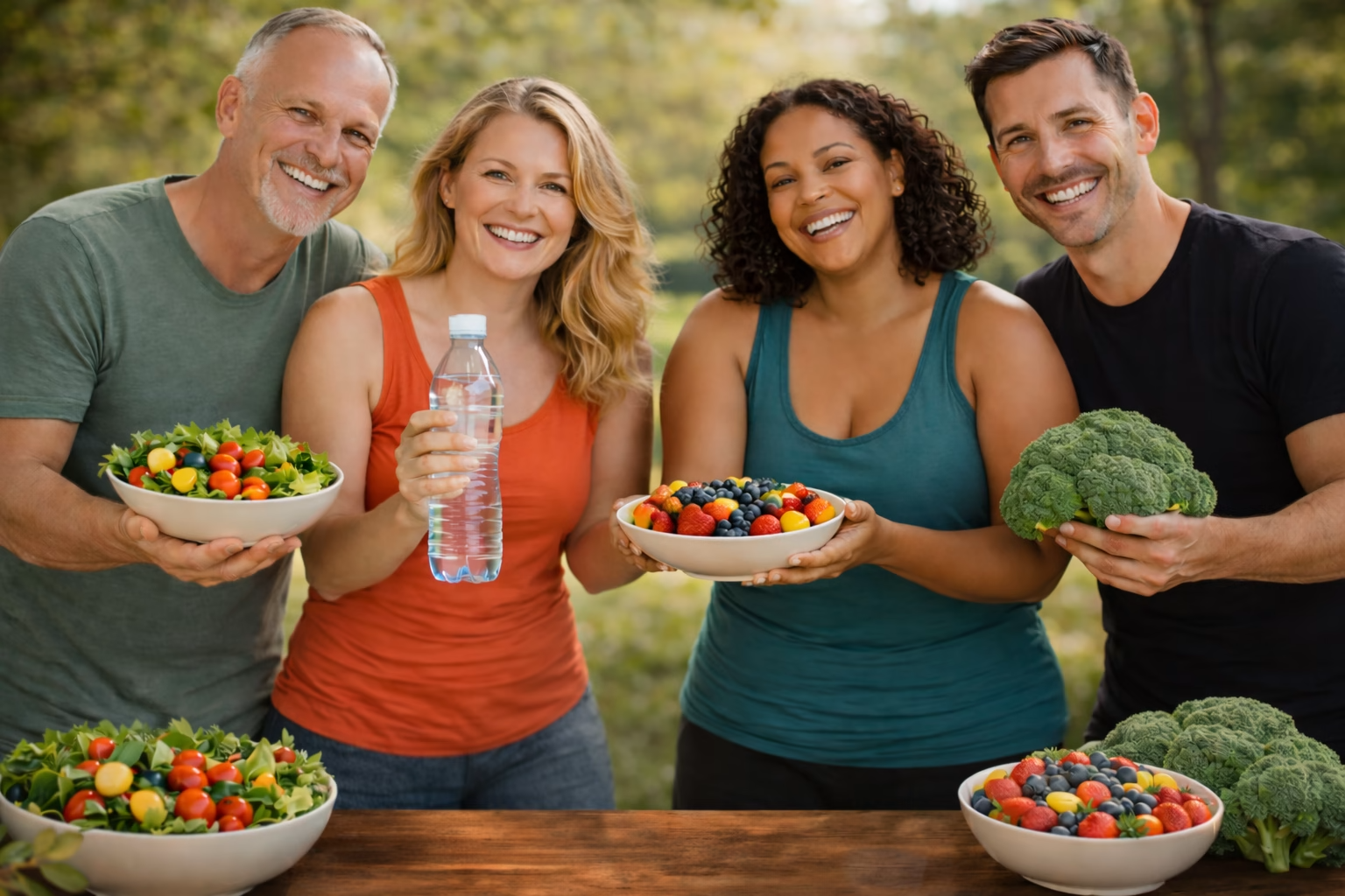Czworo uśmiechniętych dorosłych w parku trzyma zdrowe jedzenie i wodę, symbol wspólnej motywacji