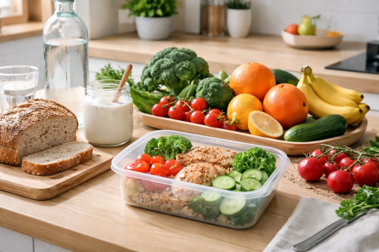 Proste zdrowe produkty ułożone na blacie kuchennym