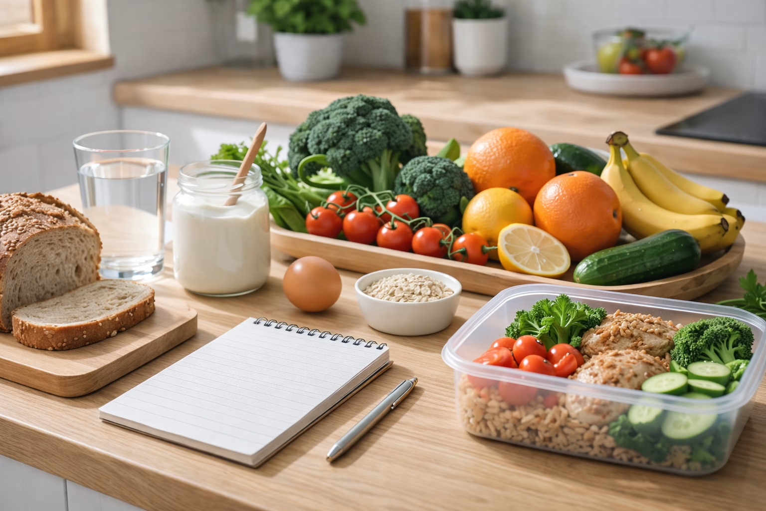 Notatnik z planem posiłków i zdrowe produkty