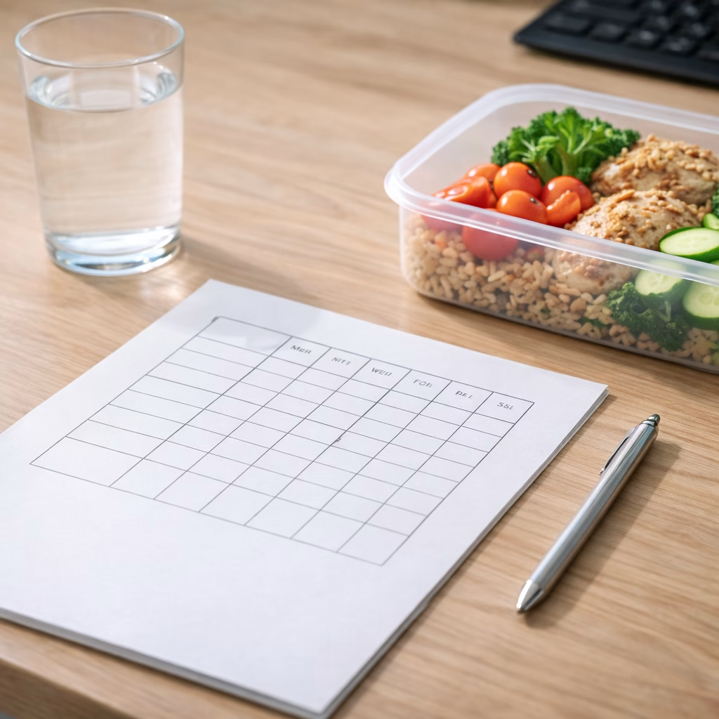 Tygodniowy tracker nawyków i szklanka wody na biurku