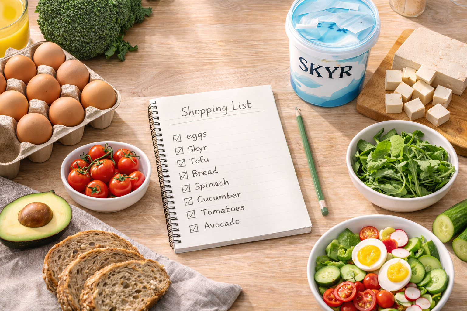 Realistyczne, banerowe zdjęcie porannego stołu: otwarty notatnik z listą zakupów oraz produkty bazowe do śniadań (jajka, skyr, tofu i warzywa) ułożone estetycznie; naturalne światło, bez napisów.