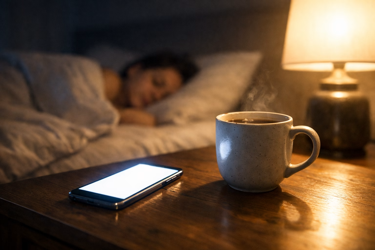 Telefon, kawa i jasne światło wieczorem