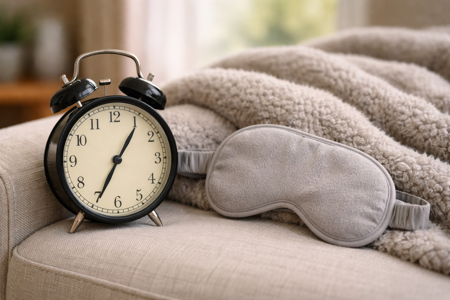 Budzik i opaska na oczy przed drzemką