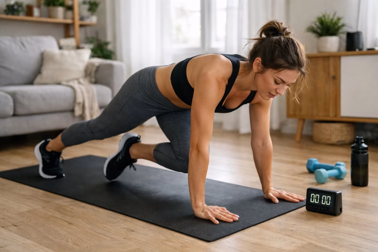 Osoba ćwiczy w domu z włączonym minutnikiem