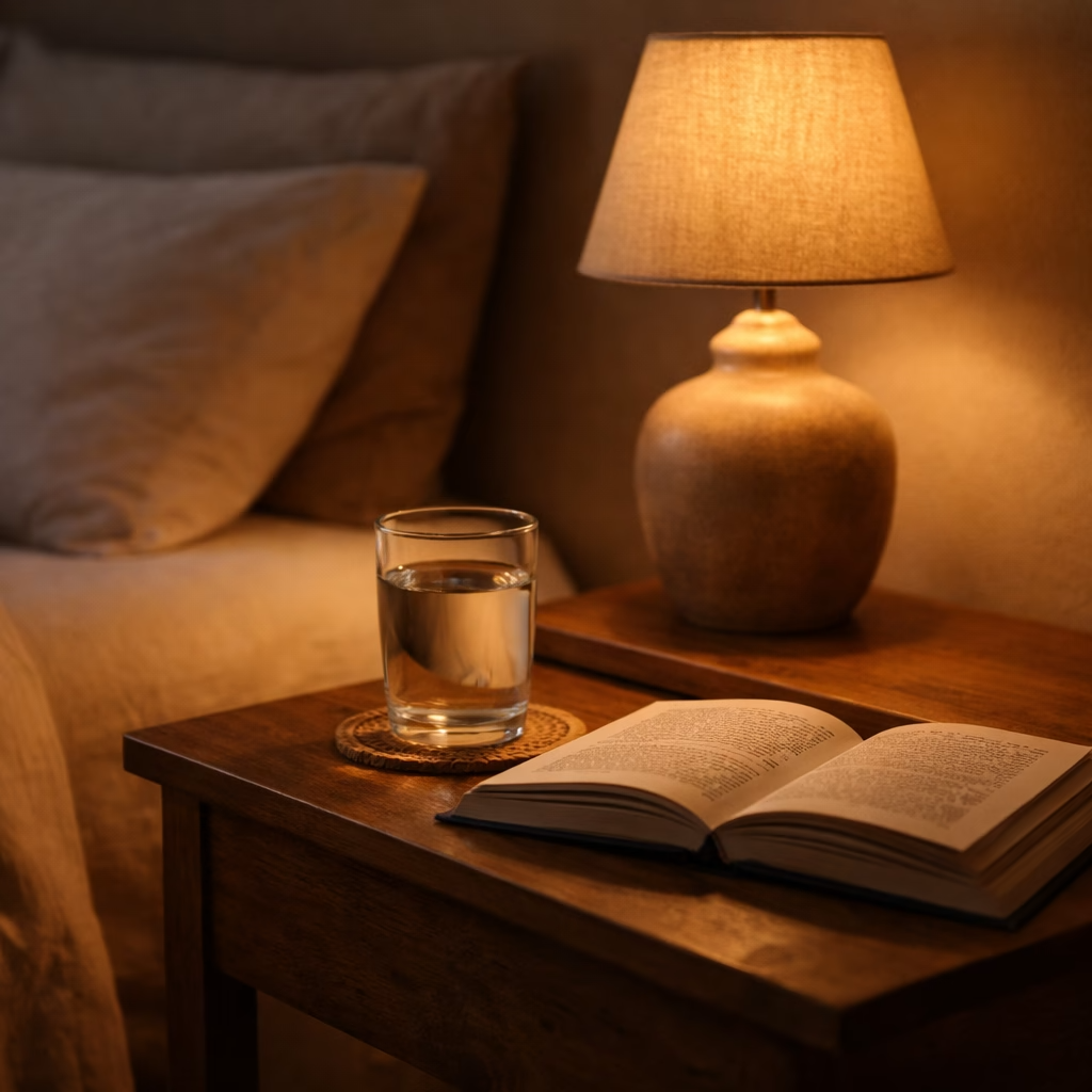 Książka, lampka i szklanka wody wieczorem