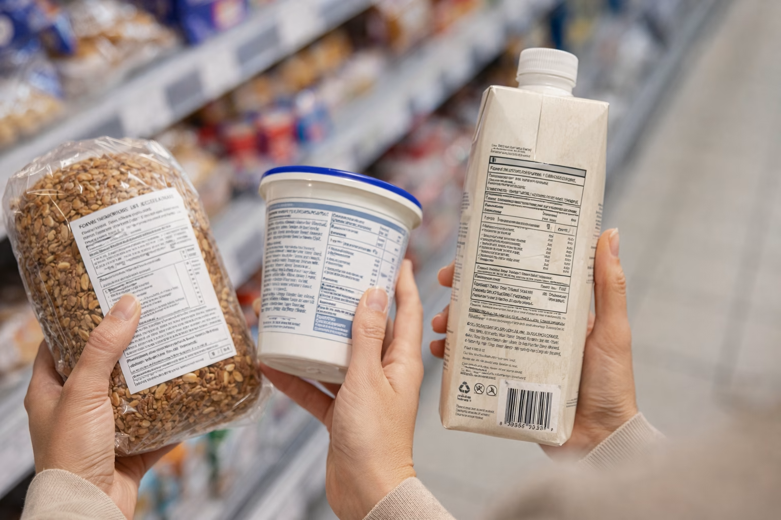 Osoba w supermarkecie trzyma pieczywo, jogurt i napój roślinny, porównując etykiety oraz skład produktów przy sklepowej półce.