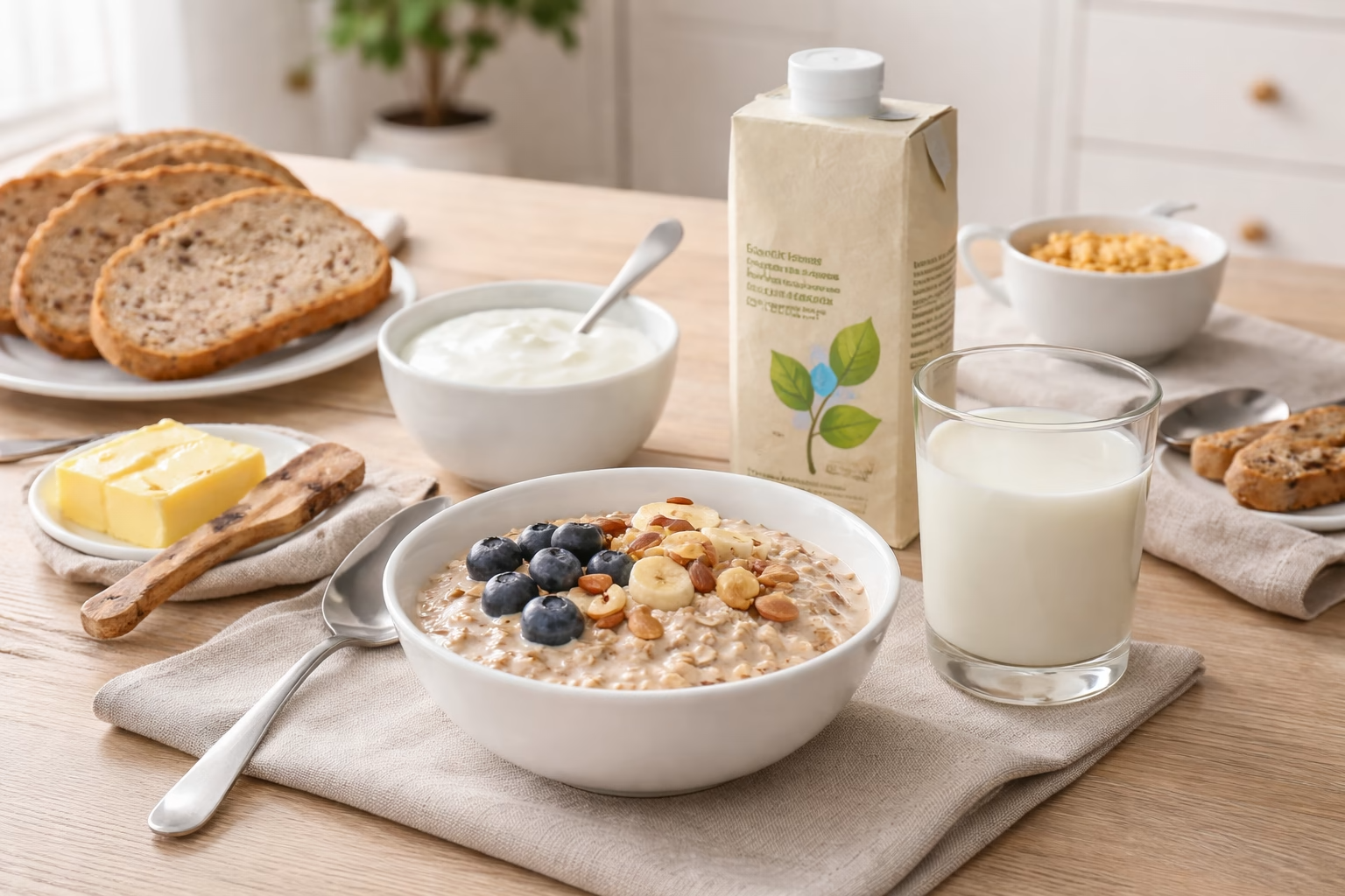 Na stole śniadaniowym stoją pieczywo, jogurt naturalny, miska owsianki oraz napój roślinny wzbogacany w wapń w spokojnej, codziennej aranżacji.
