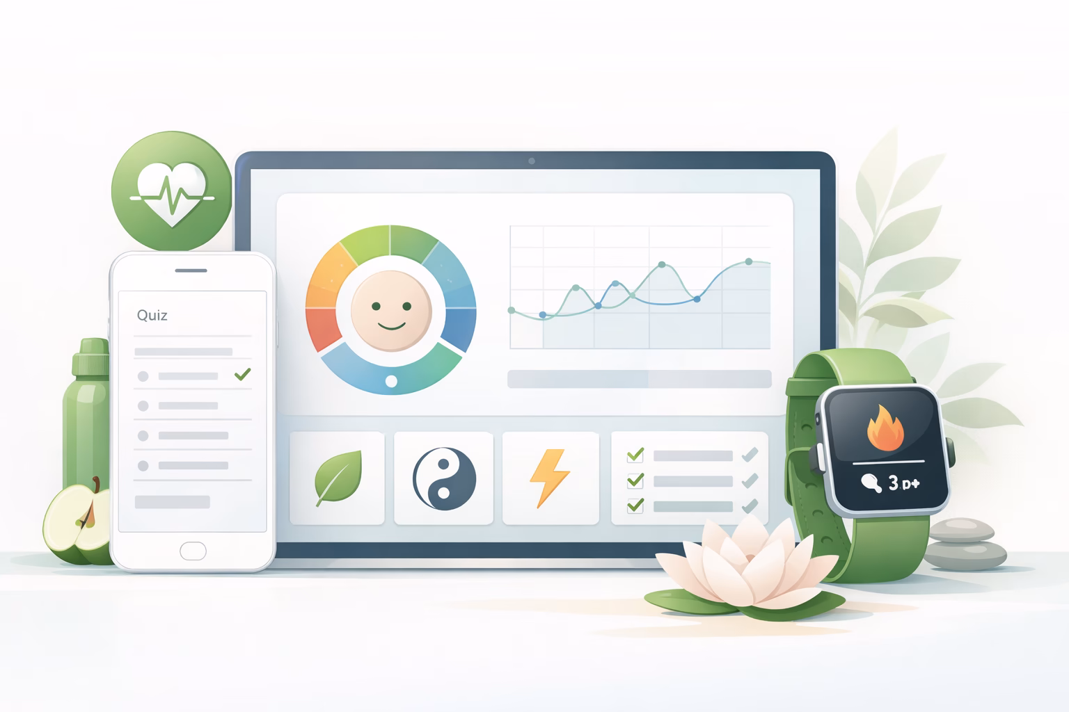 Minimalistyczna ilustracja premium przedstawiająca cyfrowe narzędzia wspierające zdrowy styl życia: smartfon z quizem zdrowotnym, tablet z analizą samopoczucia i nawyków oraz smartwatch z ikoną energii. Jasne tło, naturalne kolory bieli, zieleni, błękitu i beżu budują spokojny, nowoczesny klimat wellness.