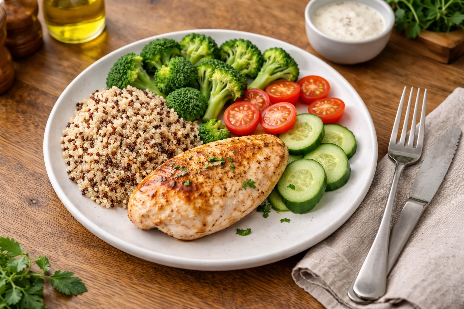 Zbilansowany obiad podzielony na trzy części