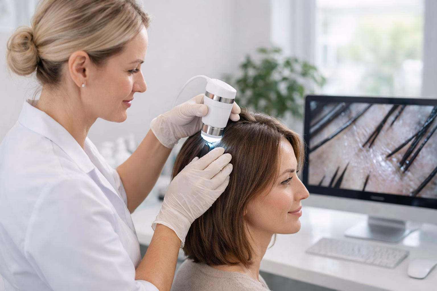 Specjalista bada skórę głowy pacjentki w gabinecie