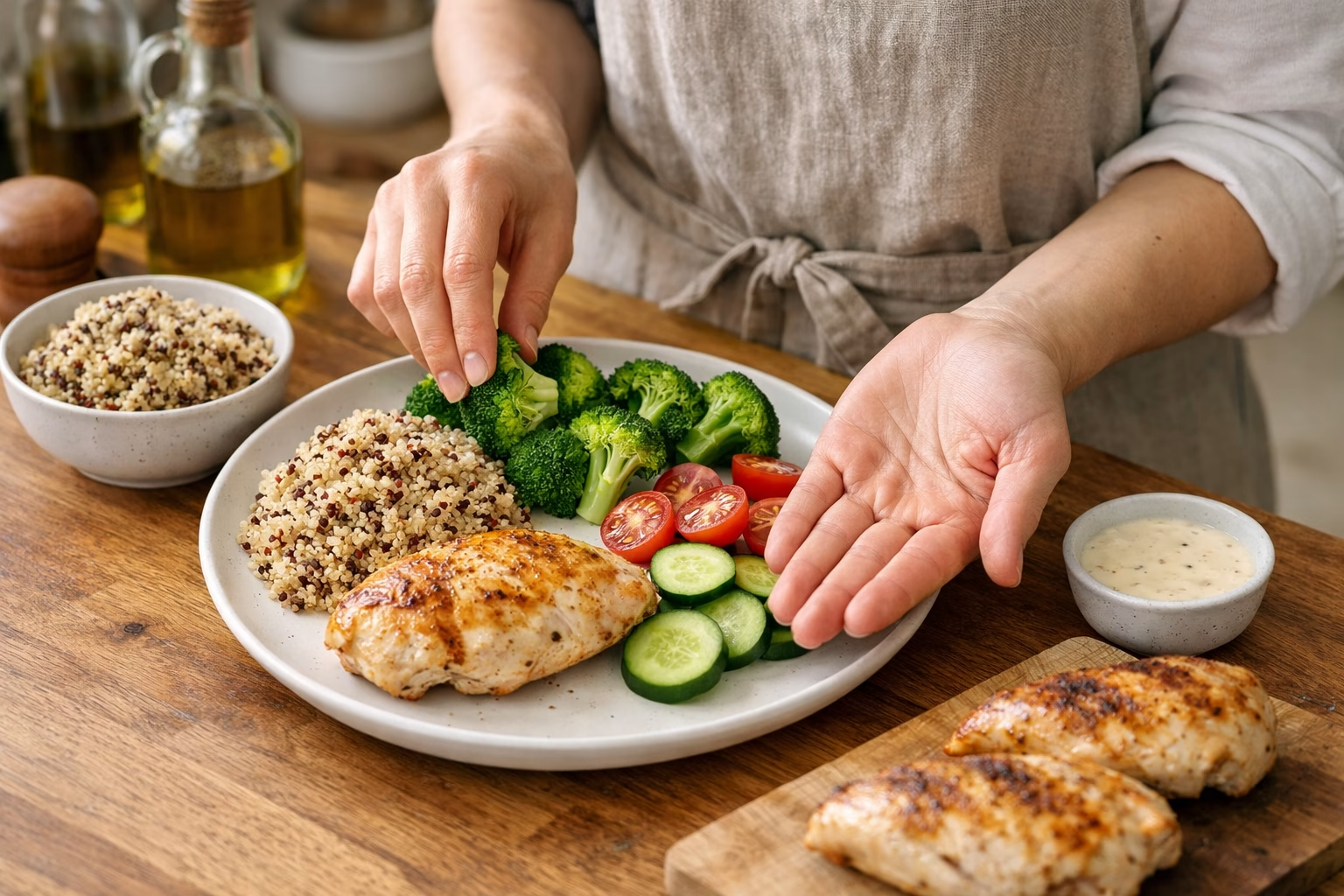 Talerz z obiadem i dłoń jako miara porcji