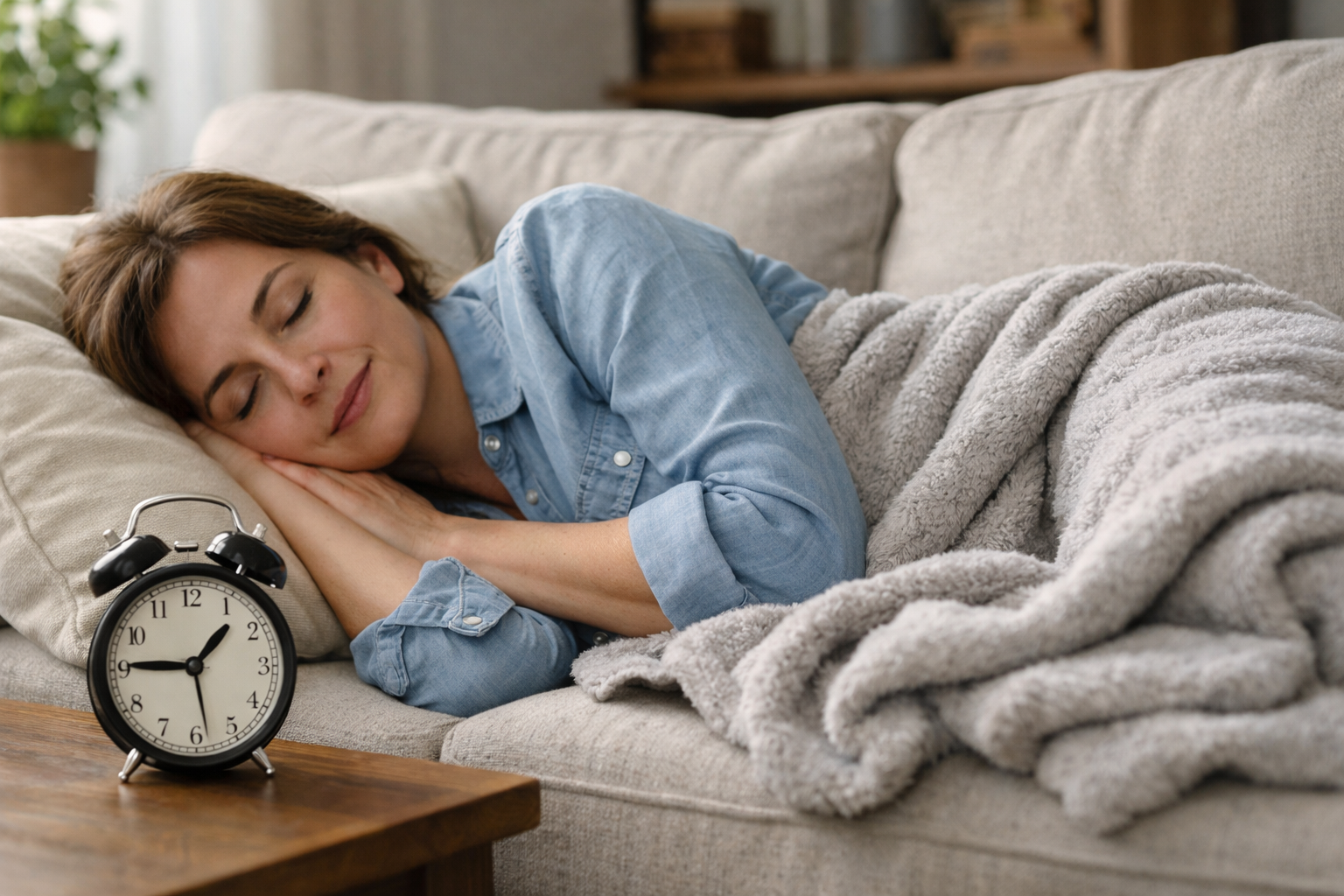 Osoba odpoczywająca na kanapie z budzikiem