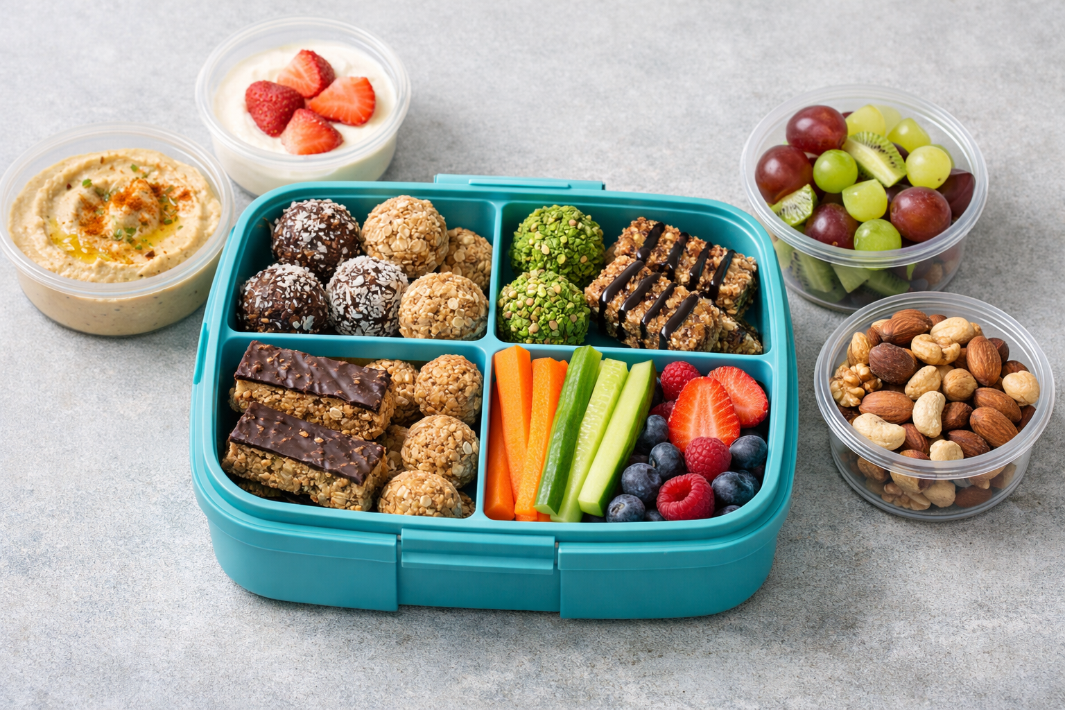 lunchbox z warzywami hummusem jogurtem i owocami