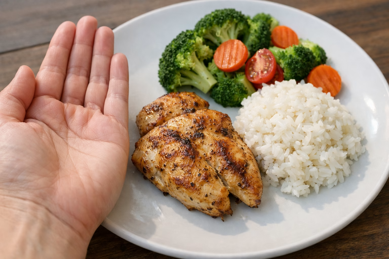 Dłoń pokazuje orientacyjną wielkość porcji białka