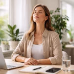 Mężczyzna uspokaja oddech przy biurku w pracy